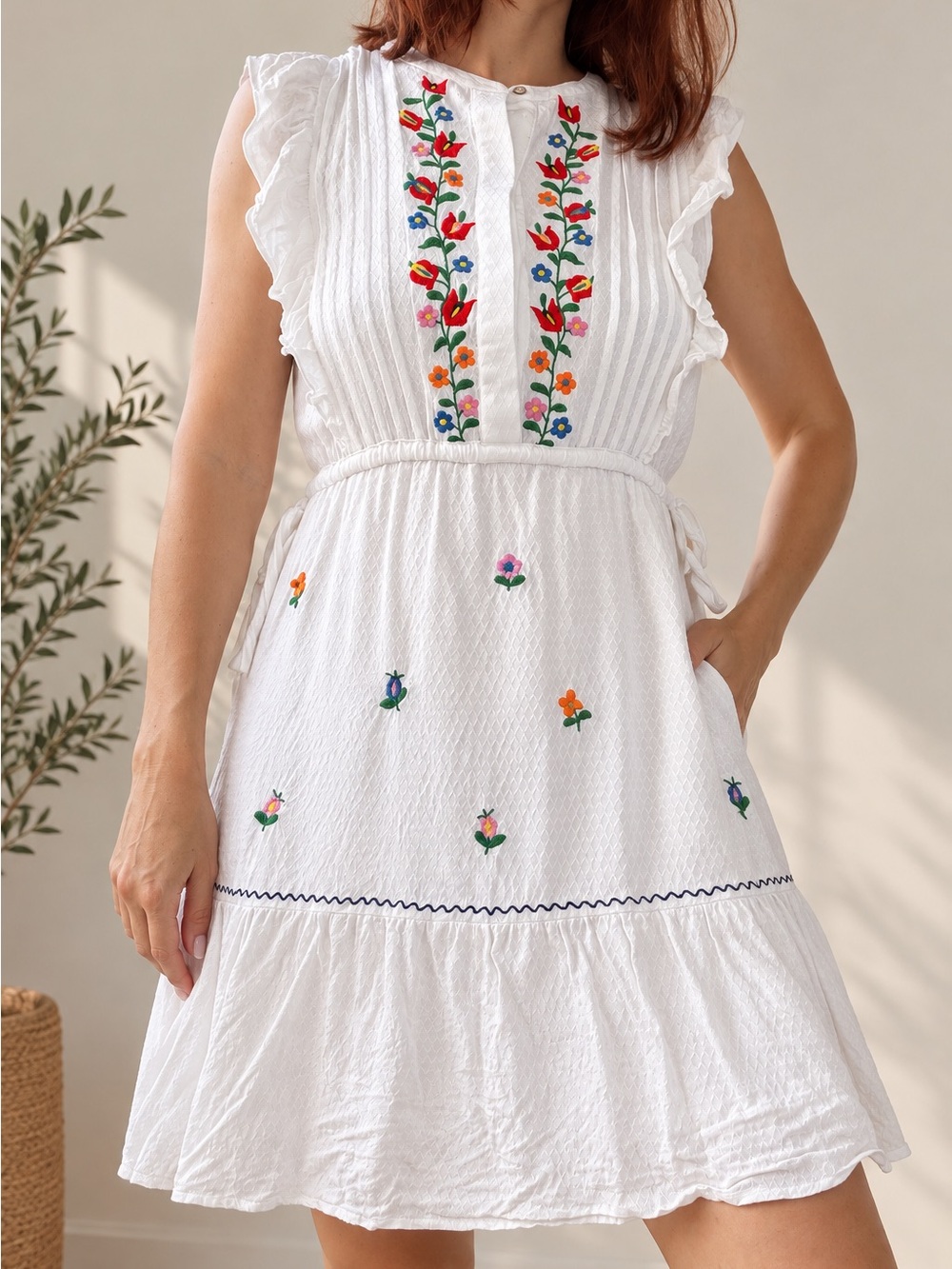 LOVESTITCH White Embroidered Boho Mini Dress Size M